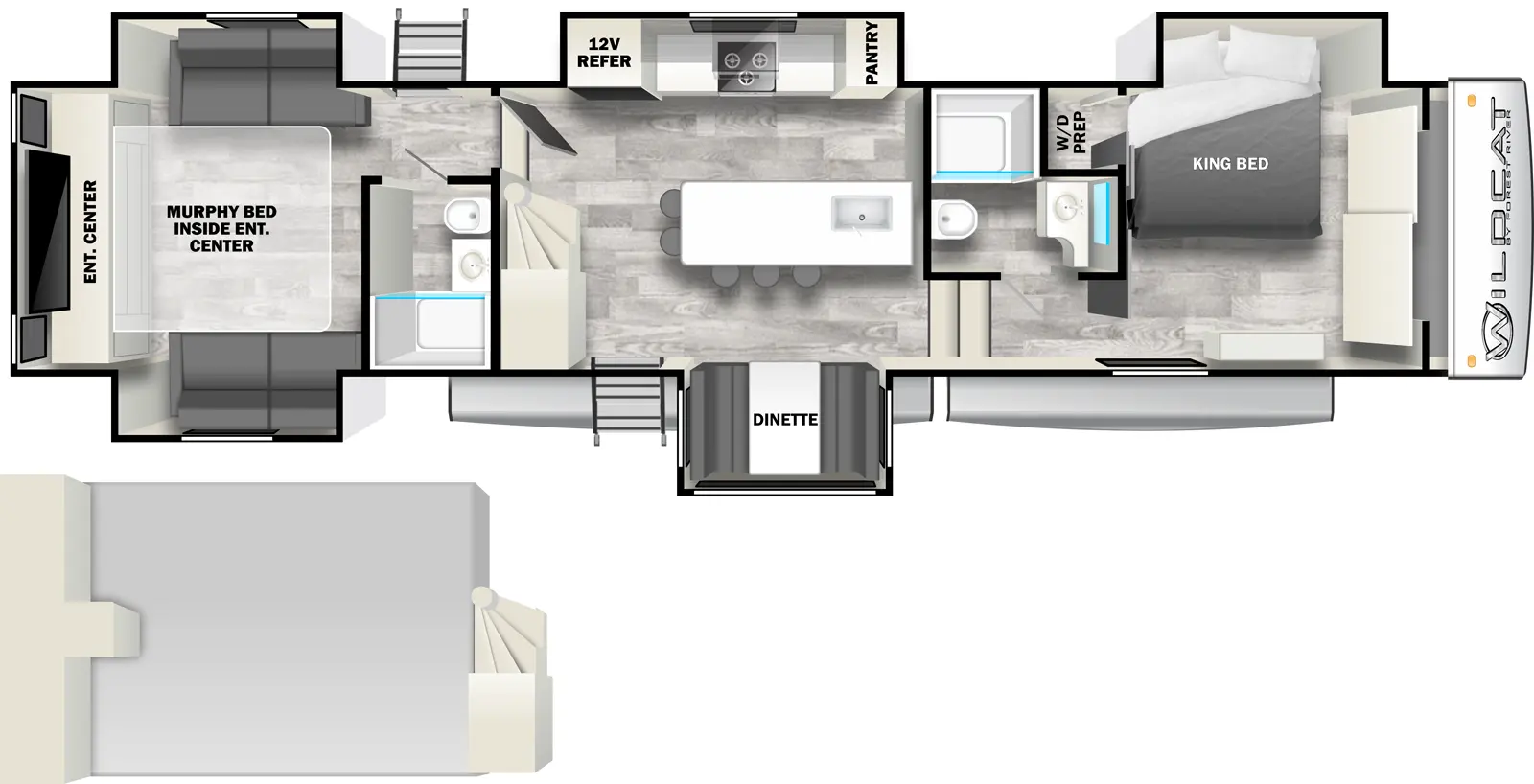 The 38BET has five slideouts and two entries. Interior layout front to back: off-door side king bed slideout, and closet with washer/dryer prep; off-door side full bathroom; steps down to main living area; mid kitchen counter with sink, and 4 barstools; off-door side slideout with pantry, cooktop, and 12V refrigerator; door side slideout with dinette, and entry; stairs to loft area; steps up to rear with door side full bathroom, off-door side second entry; opposing slideouts with seating, and rear entertainment center with murphy bed inside.